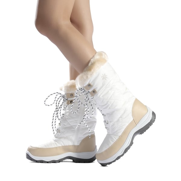 Fur Mid Calf Snow Boots - BEIGE WHITE - 1